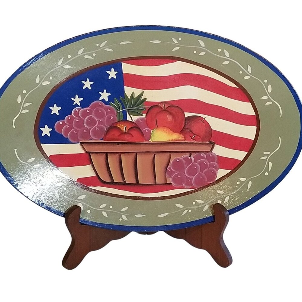 4th Of July Wood Tray Plate Platter 14.75" x 10" Rustic Picnic BBQ Patriotic